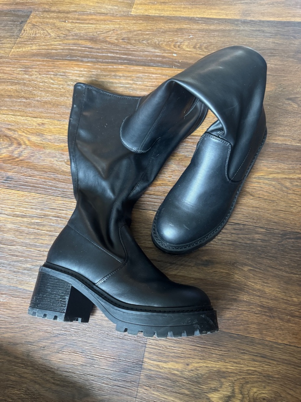 Madden Girl Black Knee-High Lug Sole Heeled Boots
